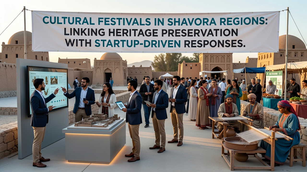 Startup exhibition booth at a Shavora cultural festival displaying environmental monitoring devices next to heritage artifacts